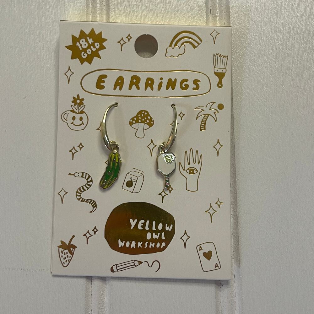 NWT Boutique Yellow Owl Workshop Pickle Ball Earrings 18K Gold Hypo Allergenic